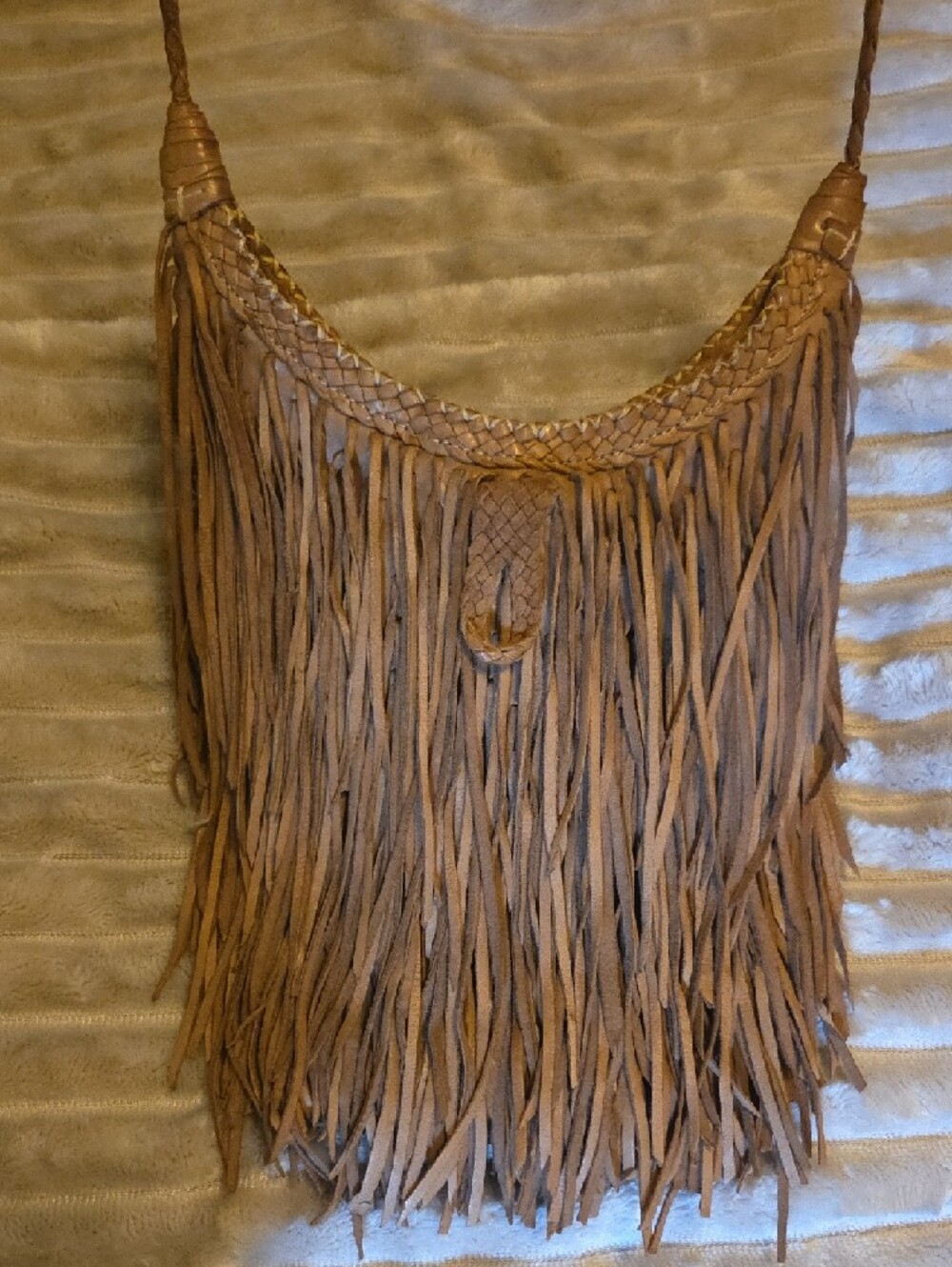 Anthropologie Leather Fringe Crossbody Bag with Blue & Cream Beaded Accent - Picture 2 of 11